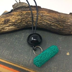 Post Modern Turquoise Seed Beaded Bar Black Round Ceramic Bead Pendant Necklace